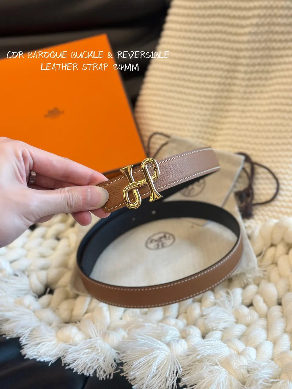 buckle 24mm Hermes Black Leather Belt Gold - Hình 2