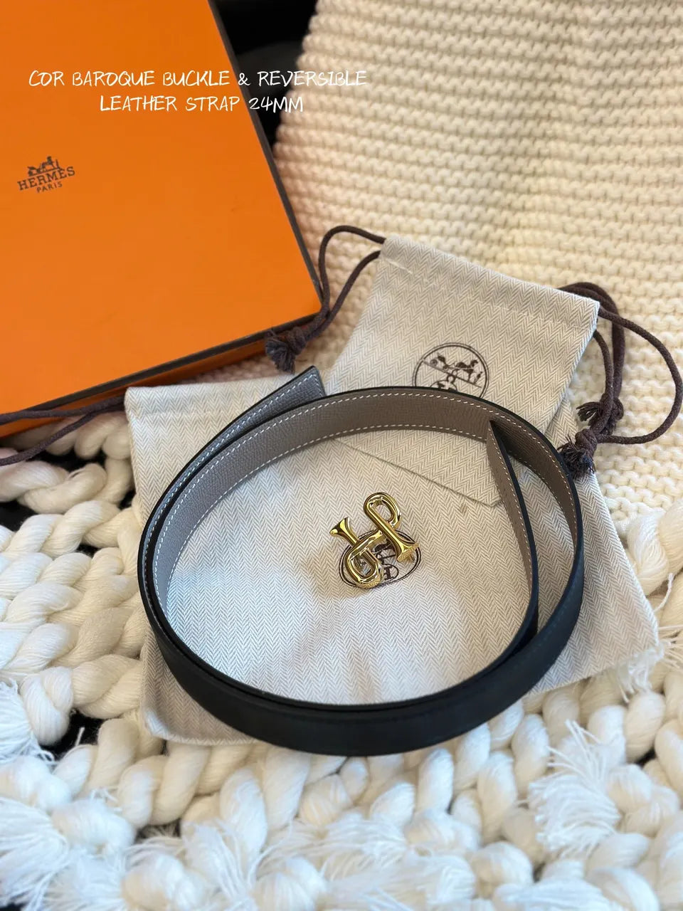 gold Hermes Taupe Reversible Belt - Hình 3
