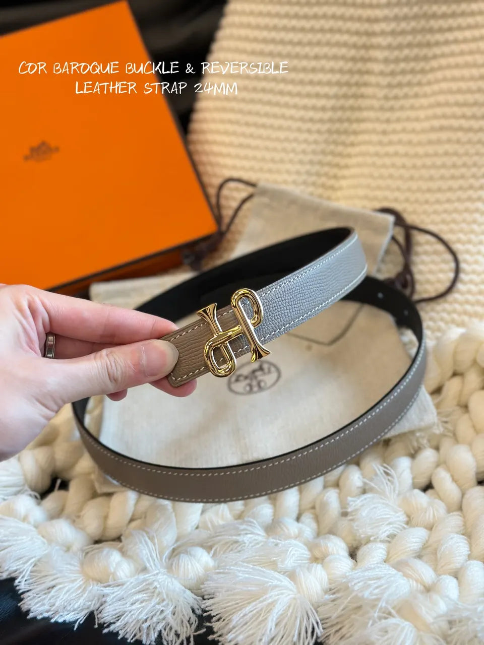 gold Hermes Taupe Reversible Belt - Hình 2