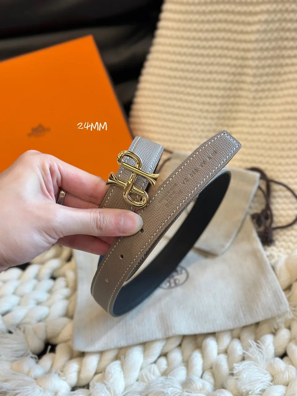gold Hermes Taupe Reversible Belt - Hình 4