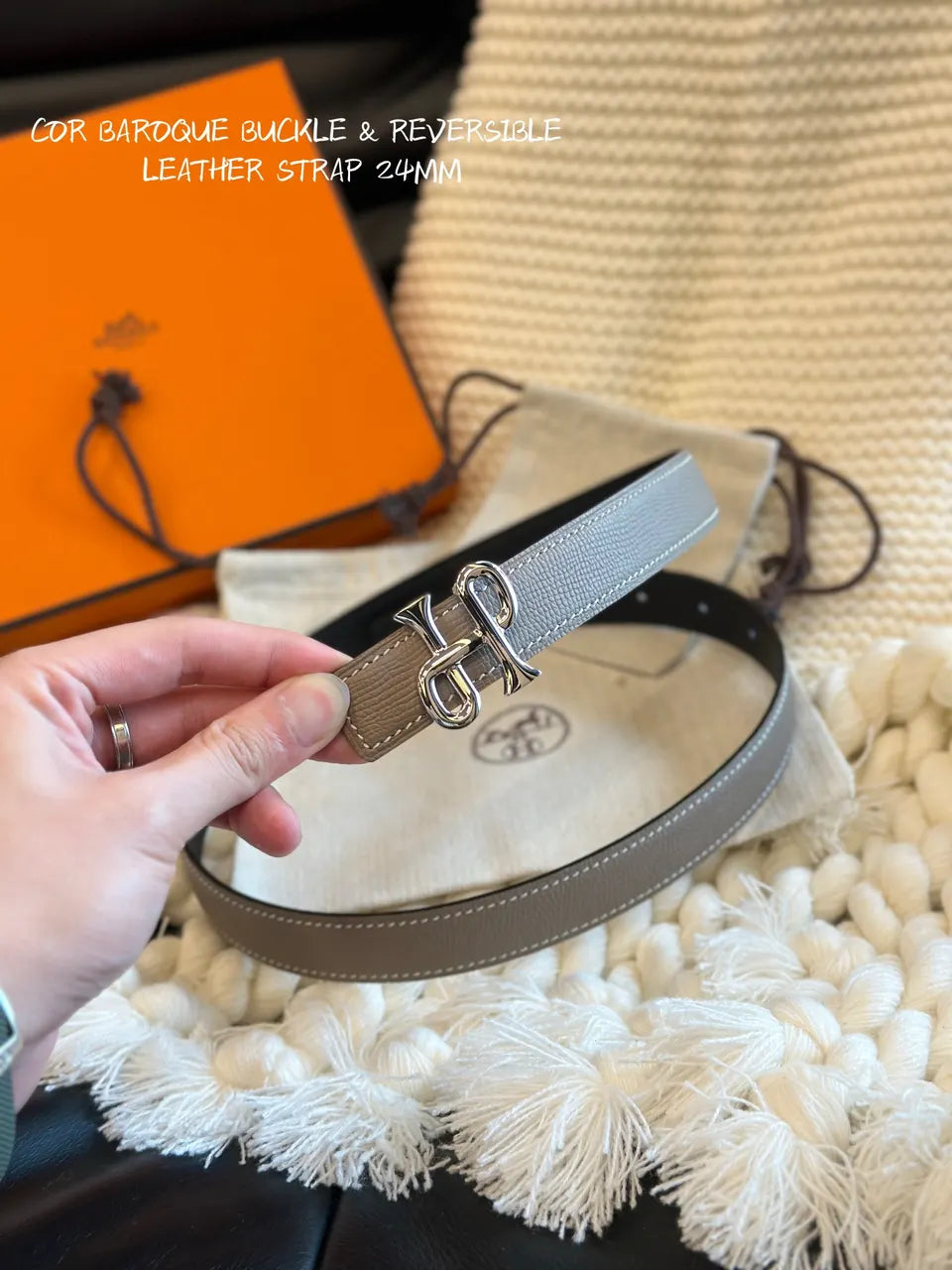 leather Hermes Taupe Reversible Belt - Hình 2