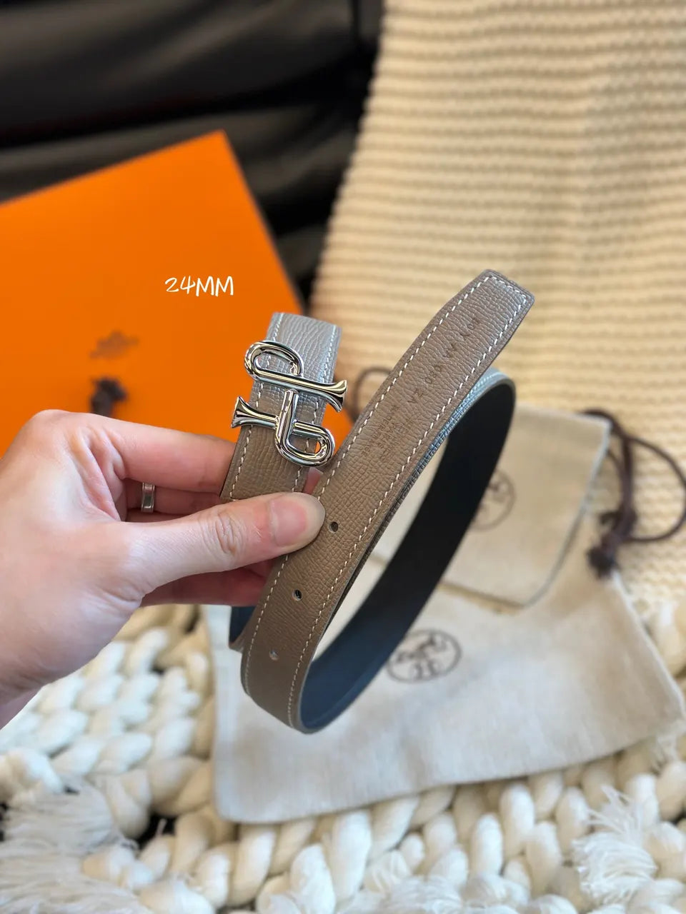 leather Hermes Taupe Reversible Belt - Hình 4