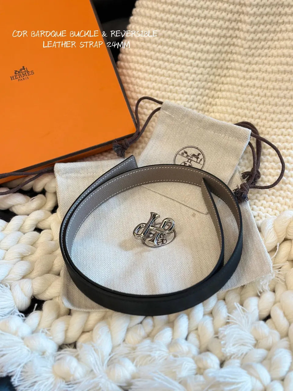leather Hermes Taupe Reversible Belt - Hình 3