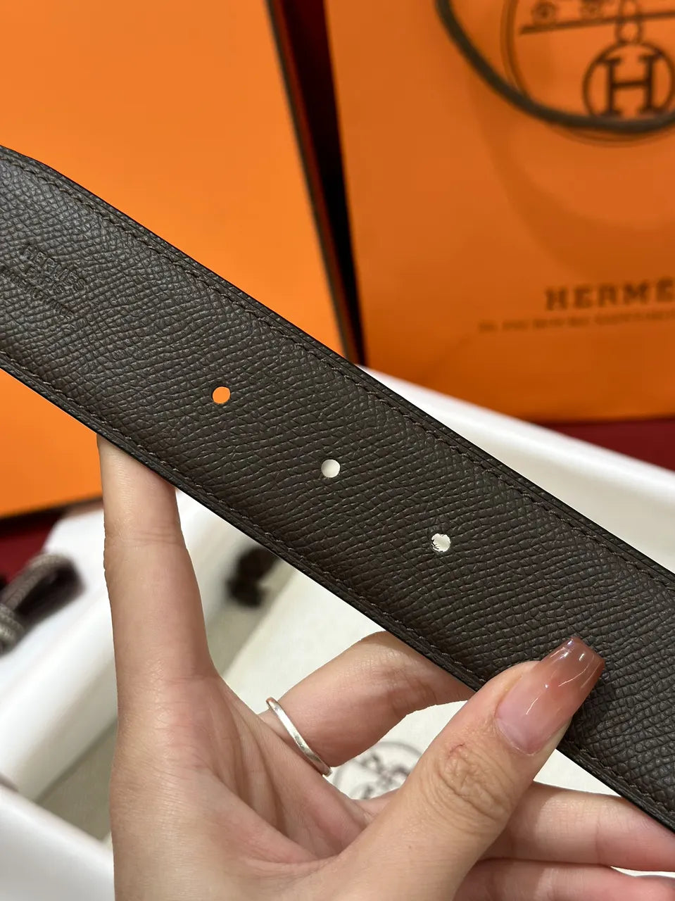 chocolate Hermes Brown Leather Gold Belt - Hình 4