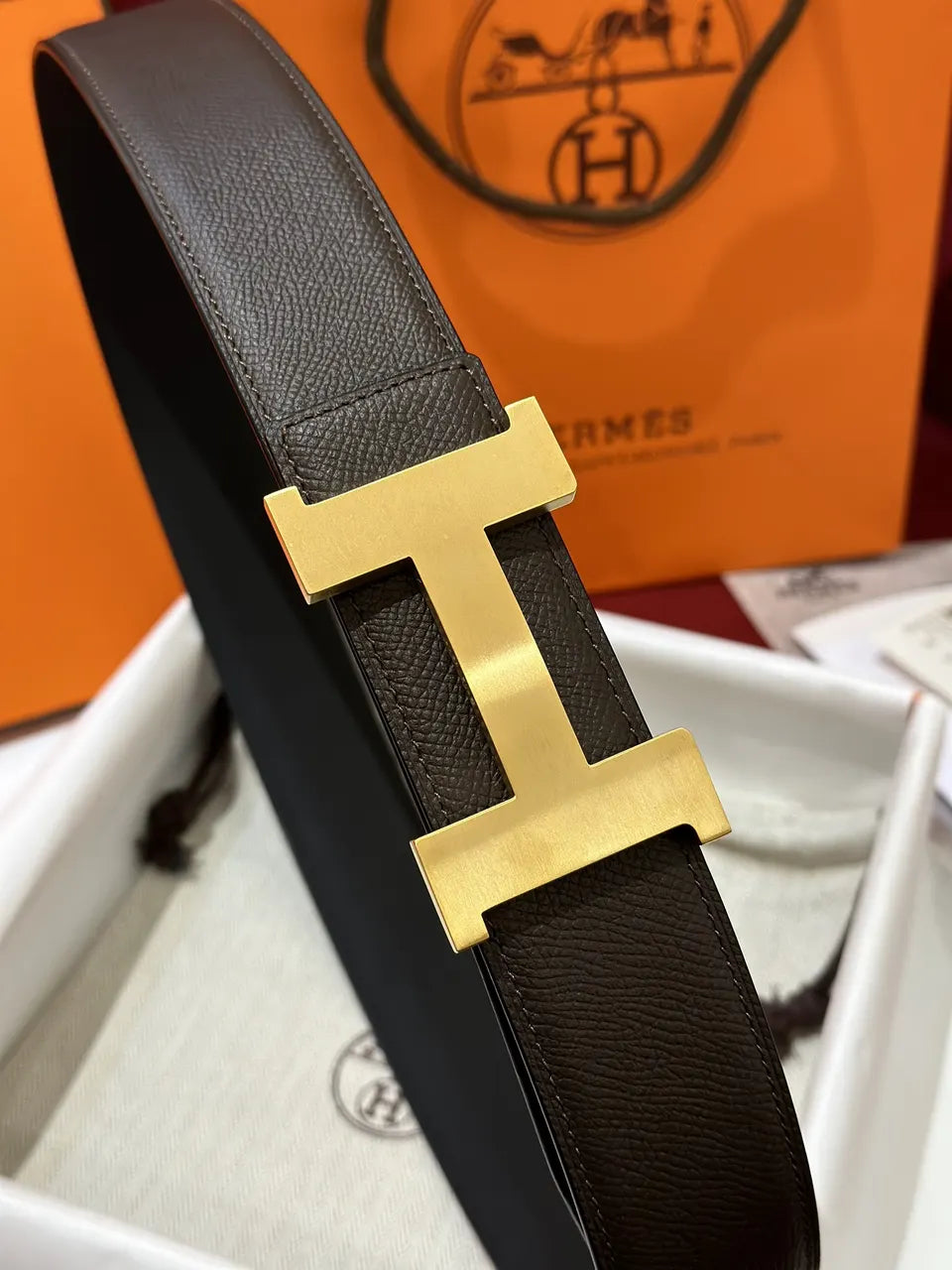 chocolate Hermes Brown Leather Gold Belt - Hình 3