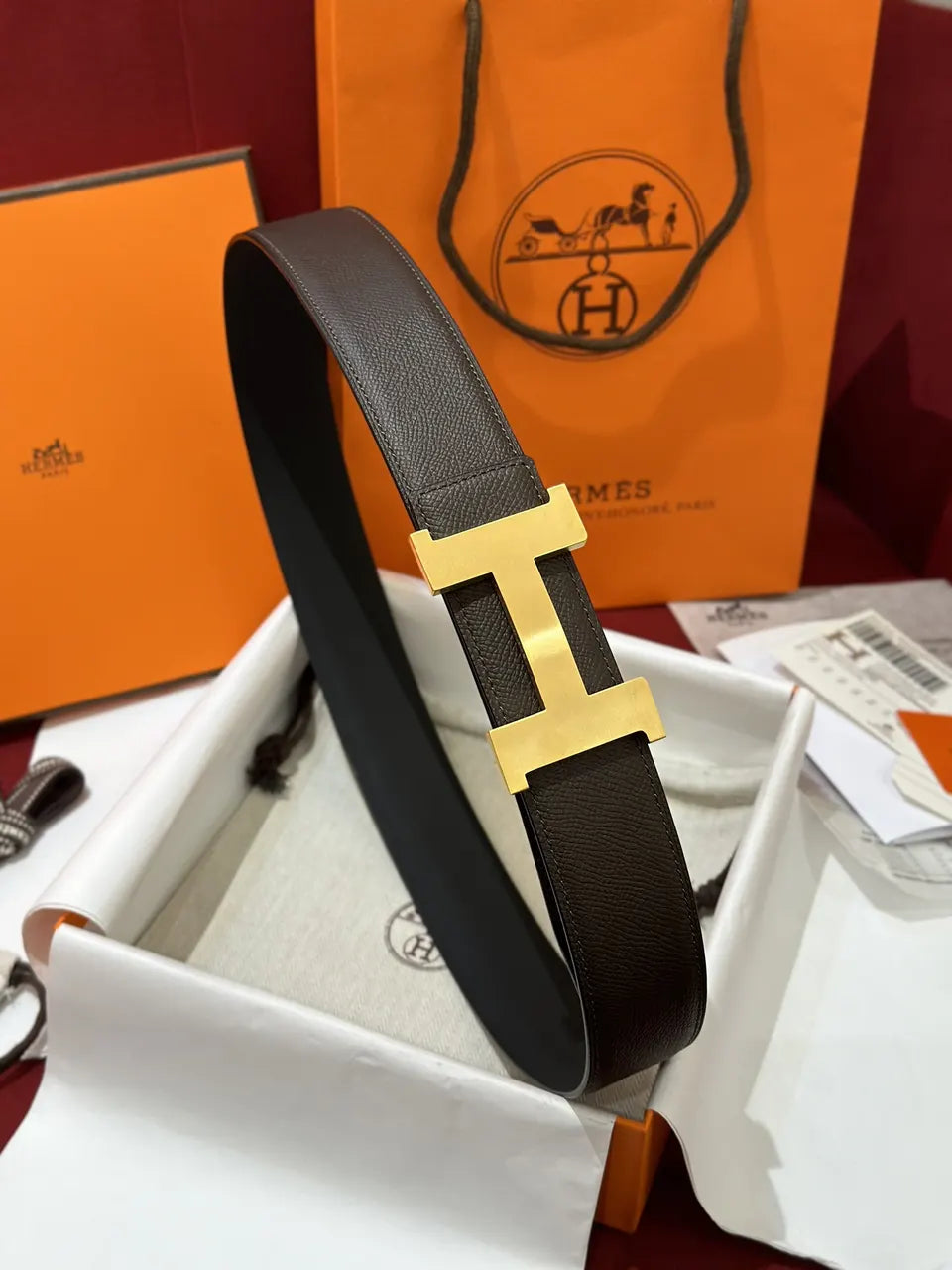 chocolate Hermes Brown Leather Gold Belt - Hình 2