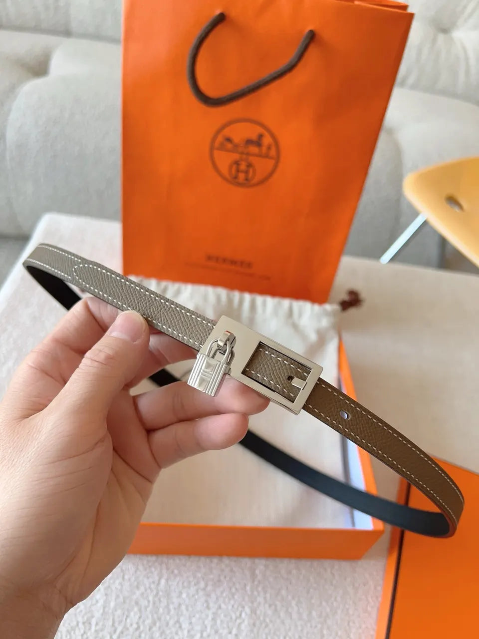 Hermes Taupe & Blue Leather Belt - Hình 3