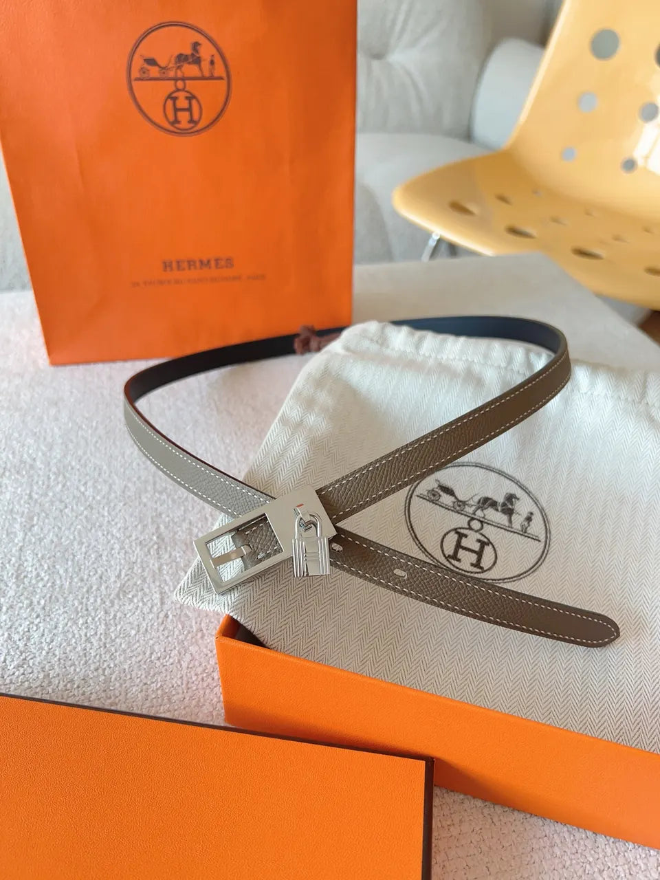 Hermes Taupe & Blue Leather Belt - Hình 5