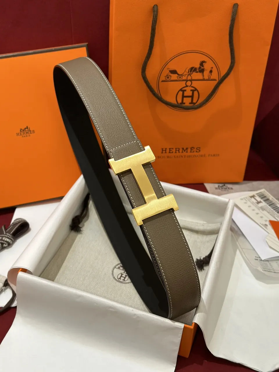 Hermes Taupe Leather Belt gold - Hình 3