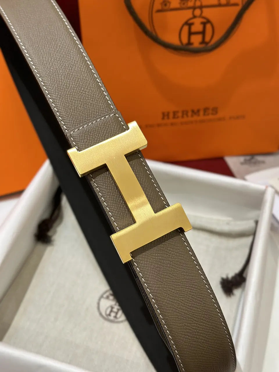Hermes Taupe Leather Belt gold - Hình 4