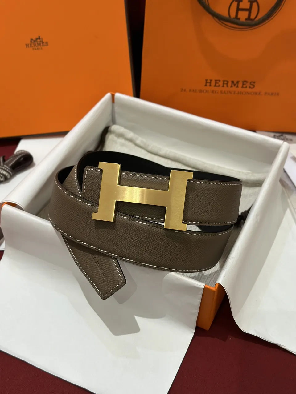 Hermes Taupe Leather Belt gold