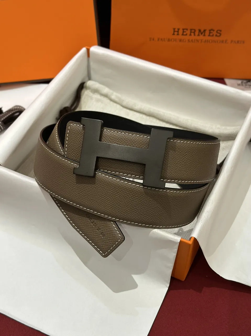 matte Hermes Taupe Leather Belt