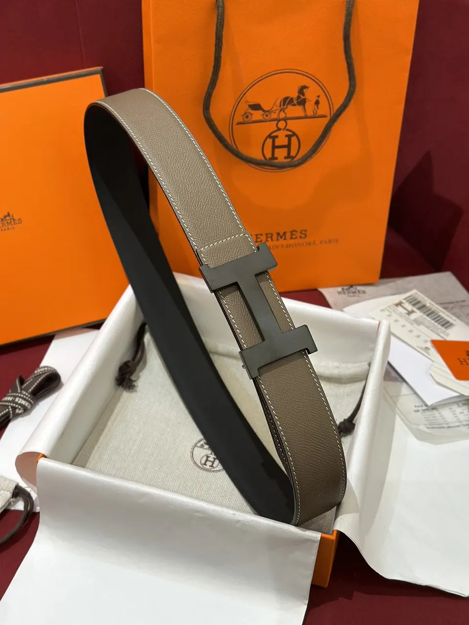 matte Hermes Taupe Leather Belt - Hình 3
