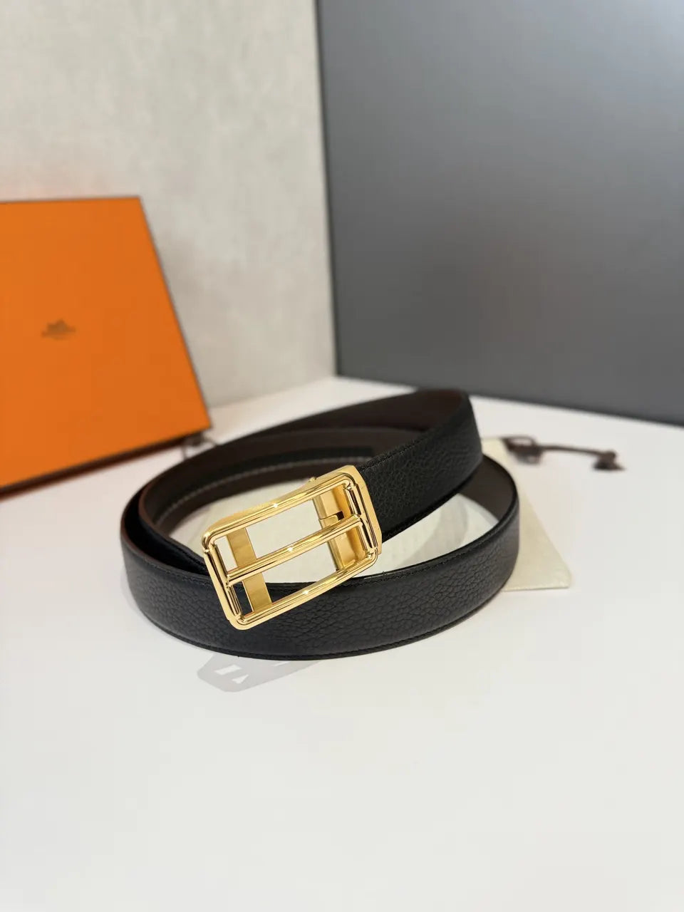 rectangular Hermes Black Epsom Leather Belt - Hình 3