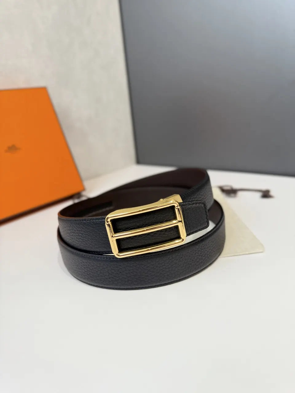 rectangular Hermes Black Epsom Leather Belt - Hình 2