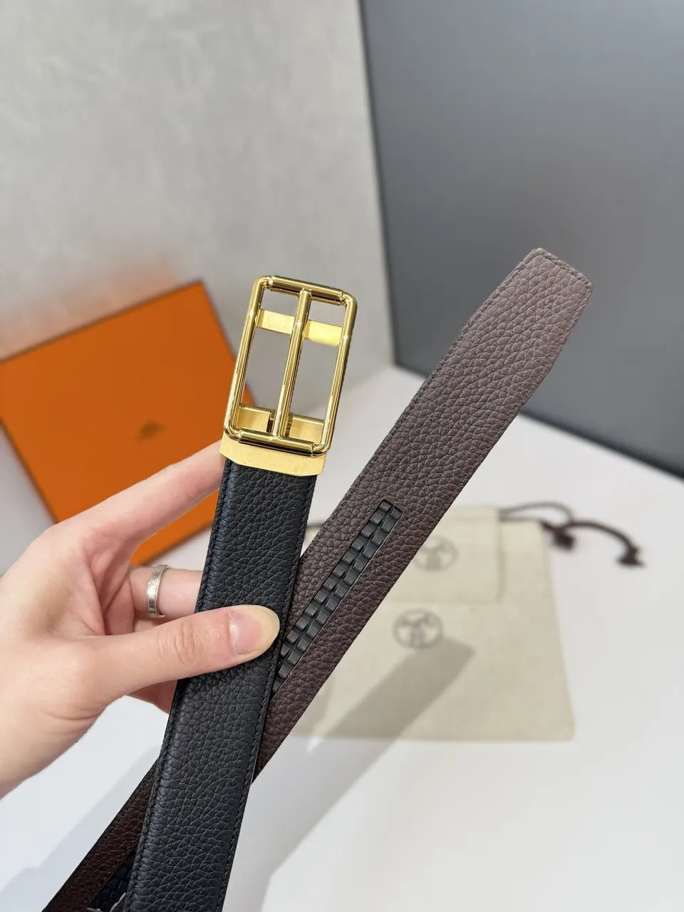rectangular Hermes Black Epsom Leather Belt - Hình 5