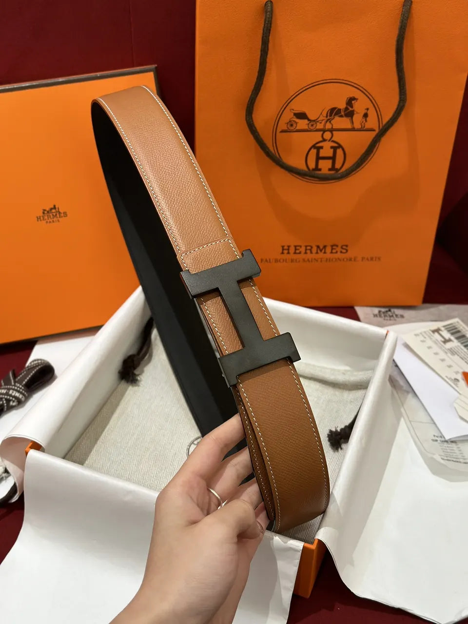 matte Hermes Fauve Leather Belt - Hình 3