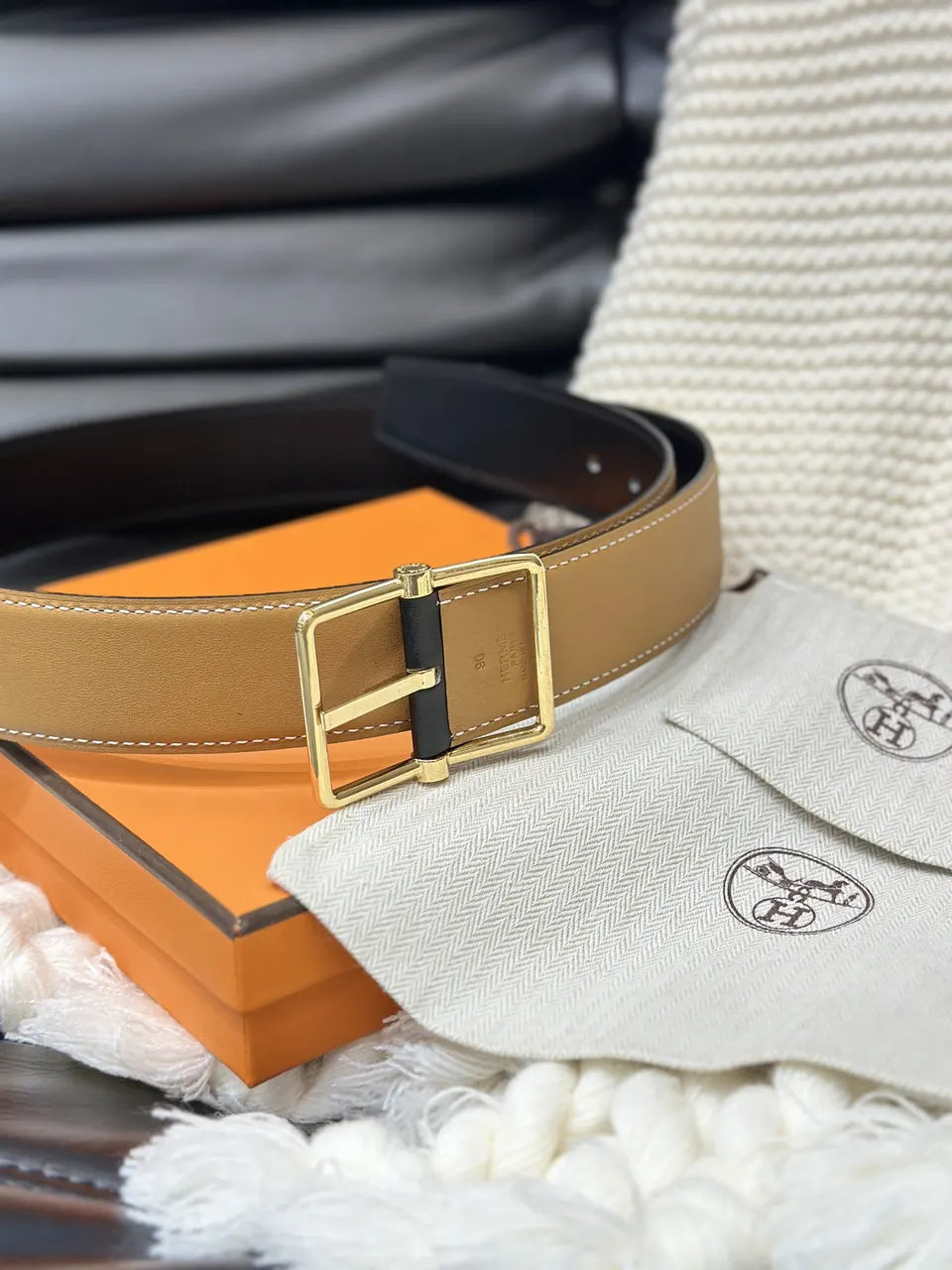 rectangular Hermes Gold Leather Belt