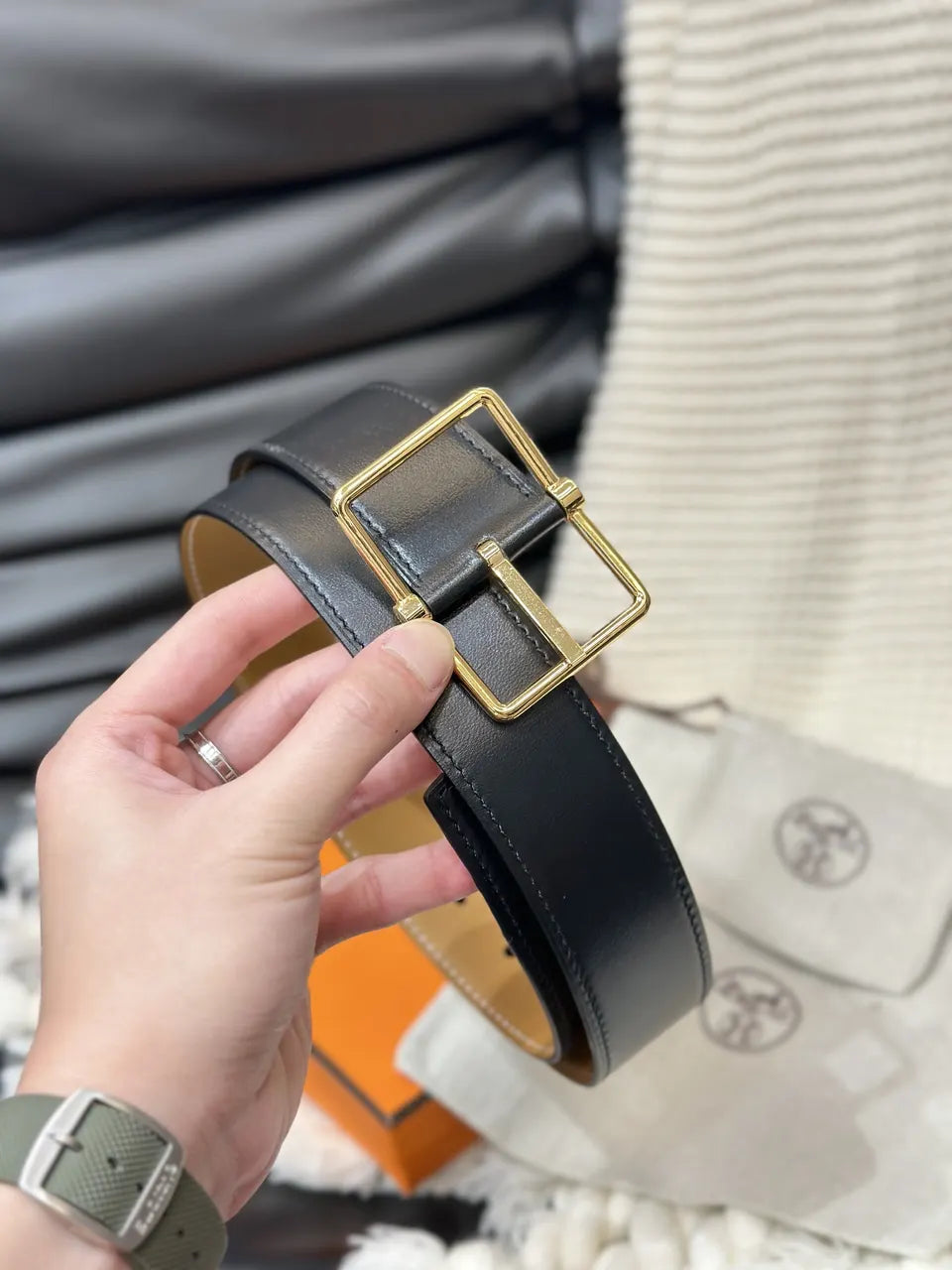 rectangular Hermes Gold Leather Belt - Hình 5