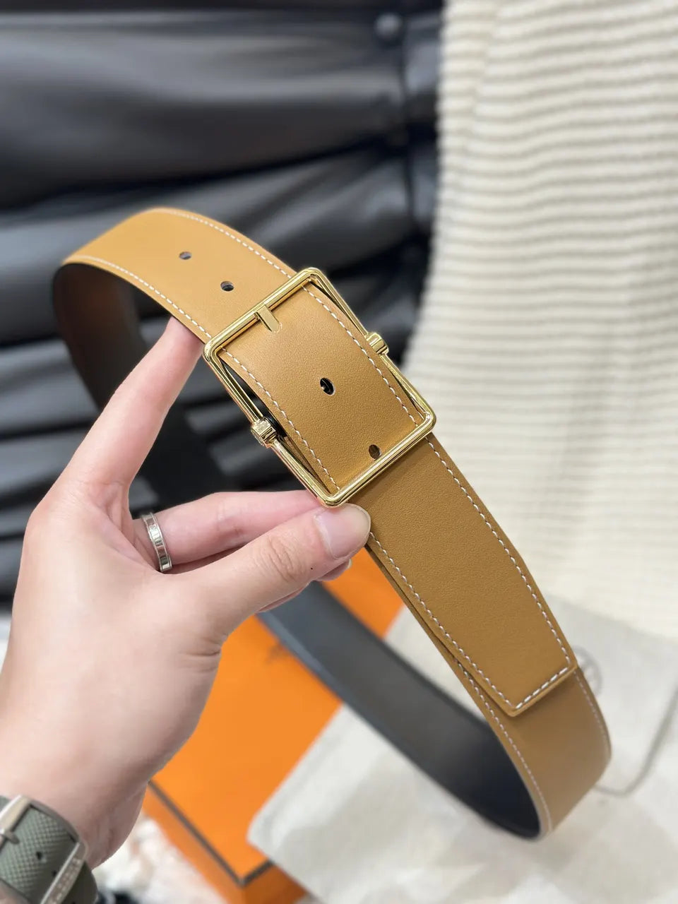 rectangular Hermes Gold Leather Belt - Hình 2