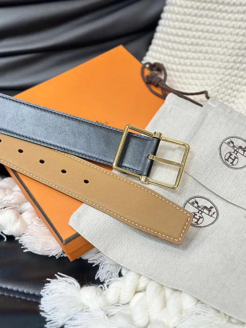 rectangular Hermes Gold Leather Belt - Hình 6