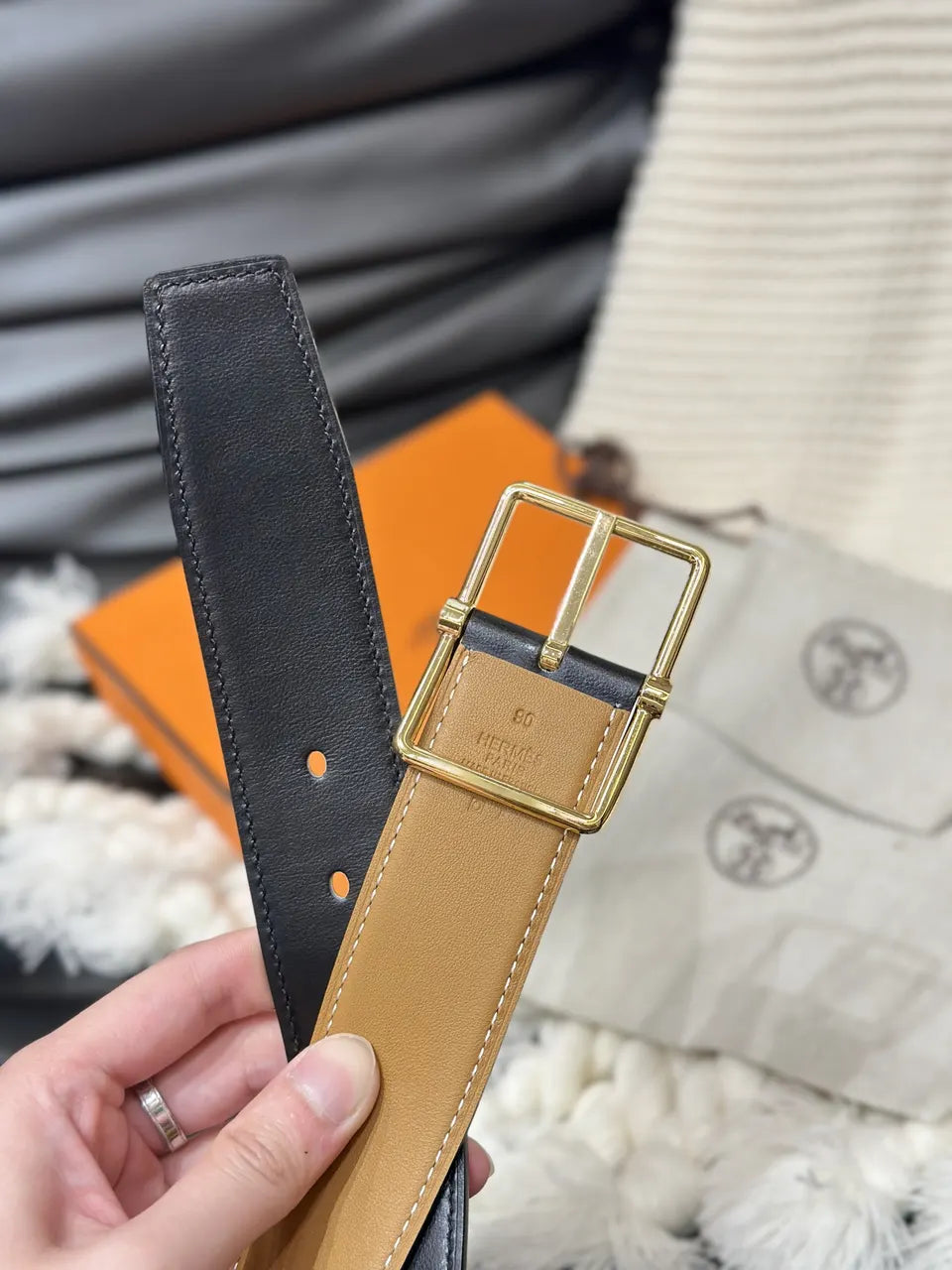 rectangular Hermes Gold Leather Belt - Hình 4