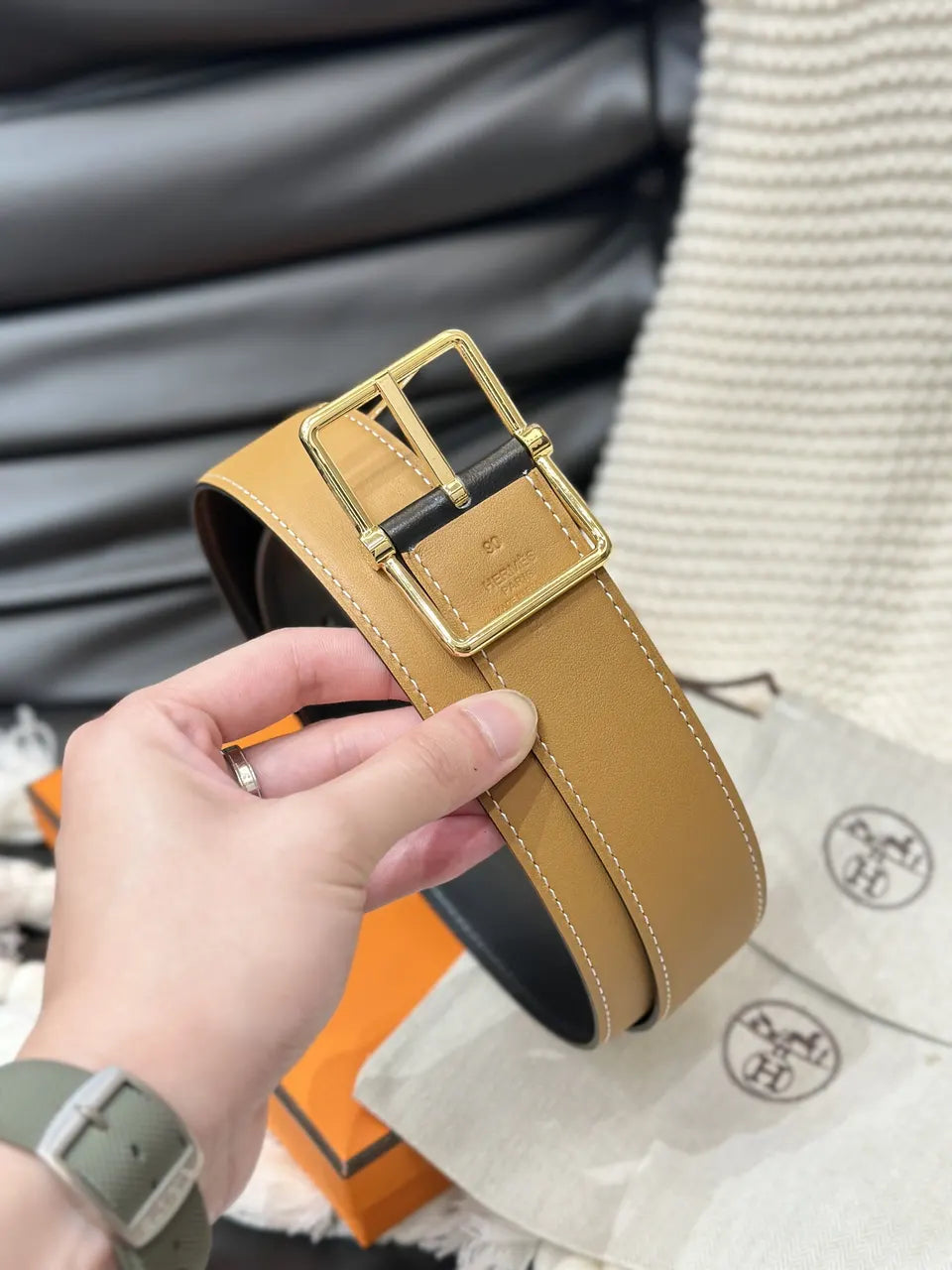 rectangular Hermes Gold Leather Belt - Hình 3