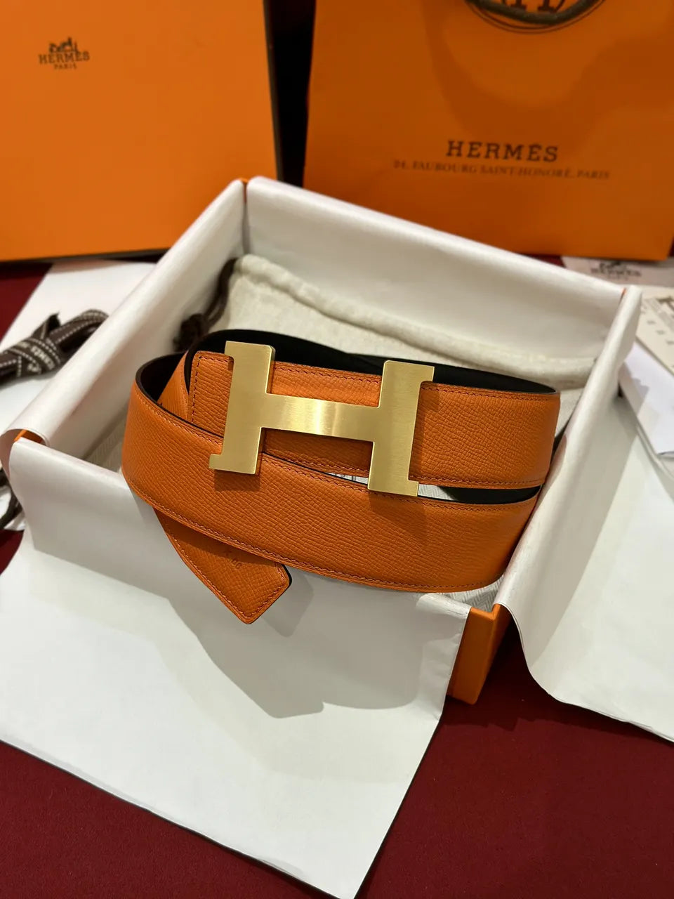 Hermes Orange Leather Belt Gold H Buckle