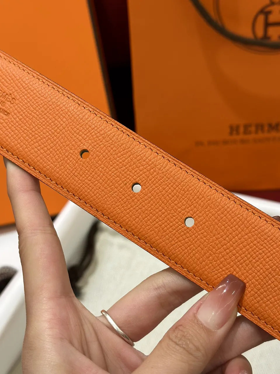 Hermes Orange Leather Belt Gold H Buckle - Hình 5