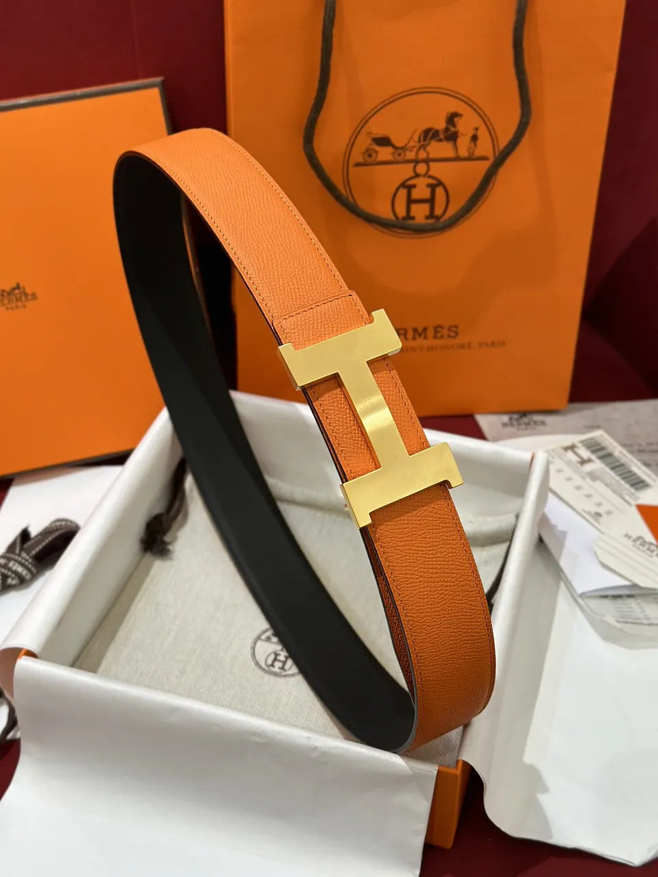 Hermes Orange Leather Belt Gold H Buckle - Hình 3