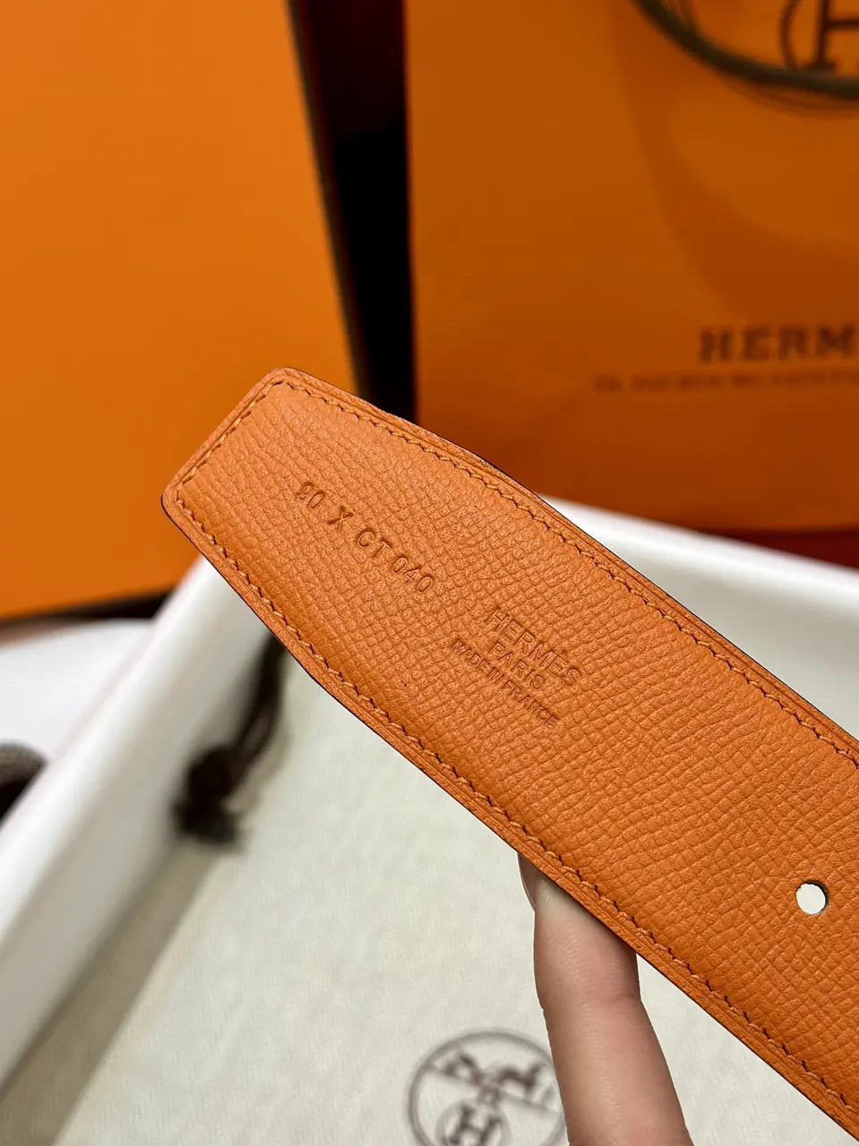 Hermes Orange Leather Belt Gold H Buckle - Hình 6