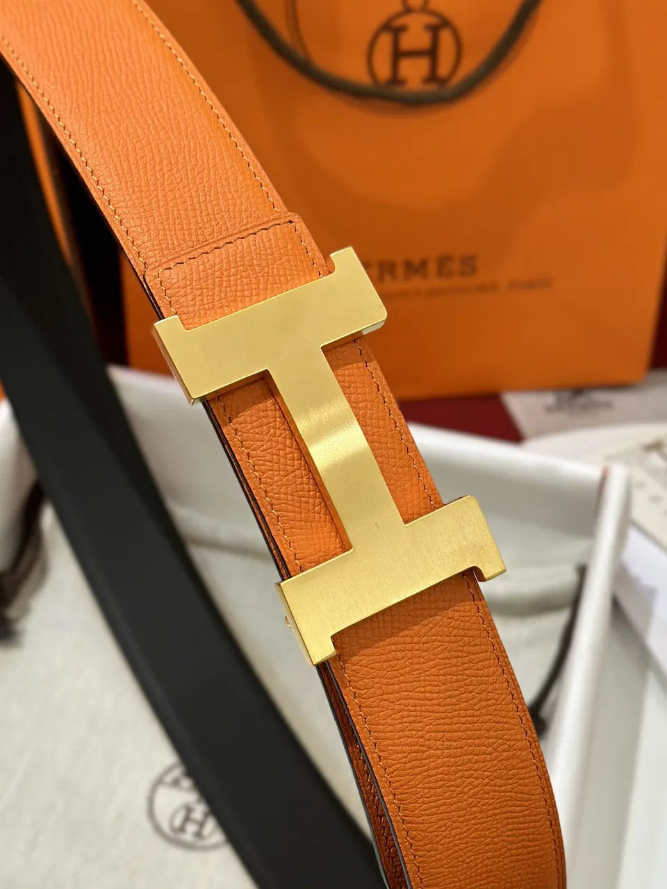 Hermes Orange Leather Belt Gold H Buckle - Hình 4