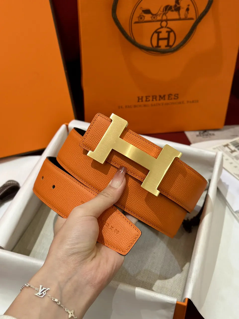 Hermes Orange Leather Belt Gold H Buckle - Hình 2