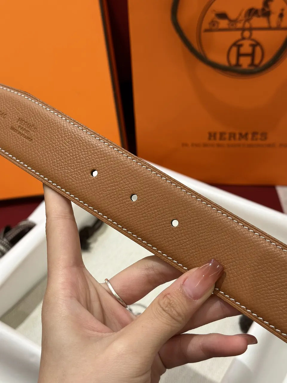 Hermes Gold Buckle Caramel Leather Belt - Hình 5