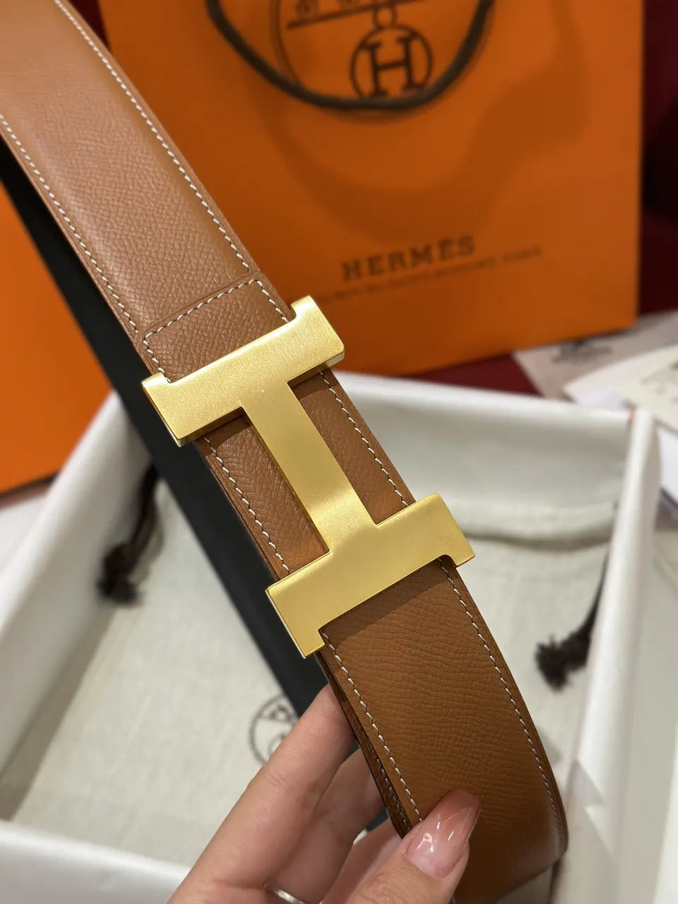 Hermes Gold Buckle Caramel Leather Belt - Hình 4