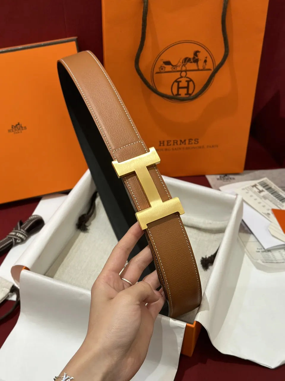 Hermes Gold Buckle Caramel Leather Belt - Hình 3
