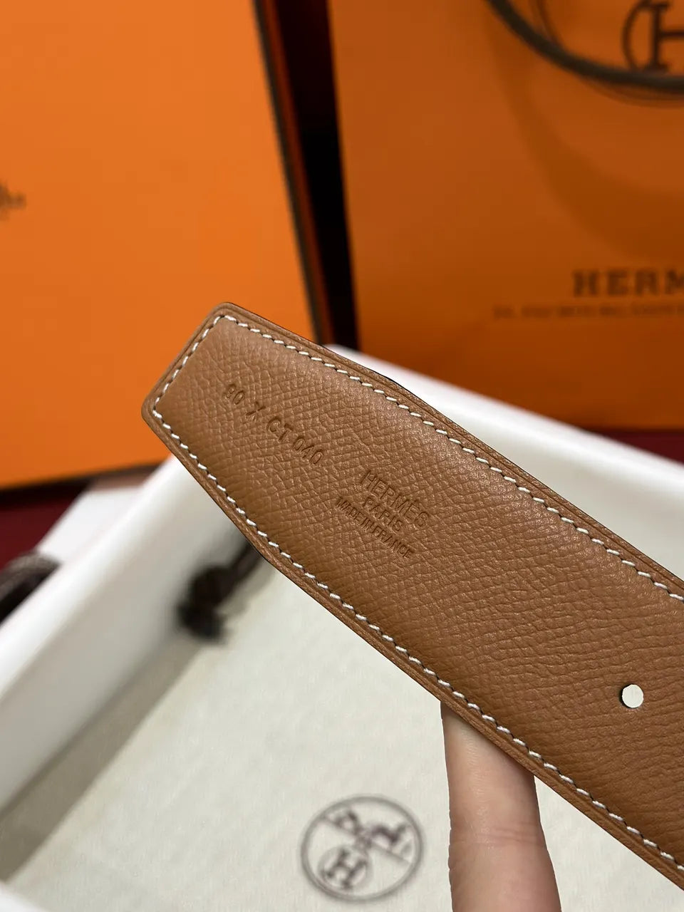 Hermes Gold Buckle Caramel Leather Belt - Hình 6