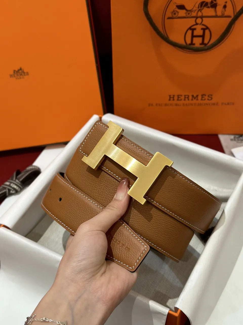 Hermes Gold Buckle Caramel Leather Belt - Hình 2