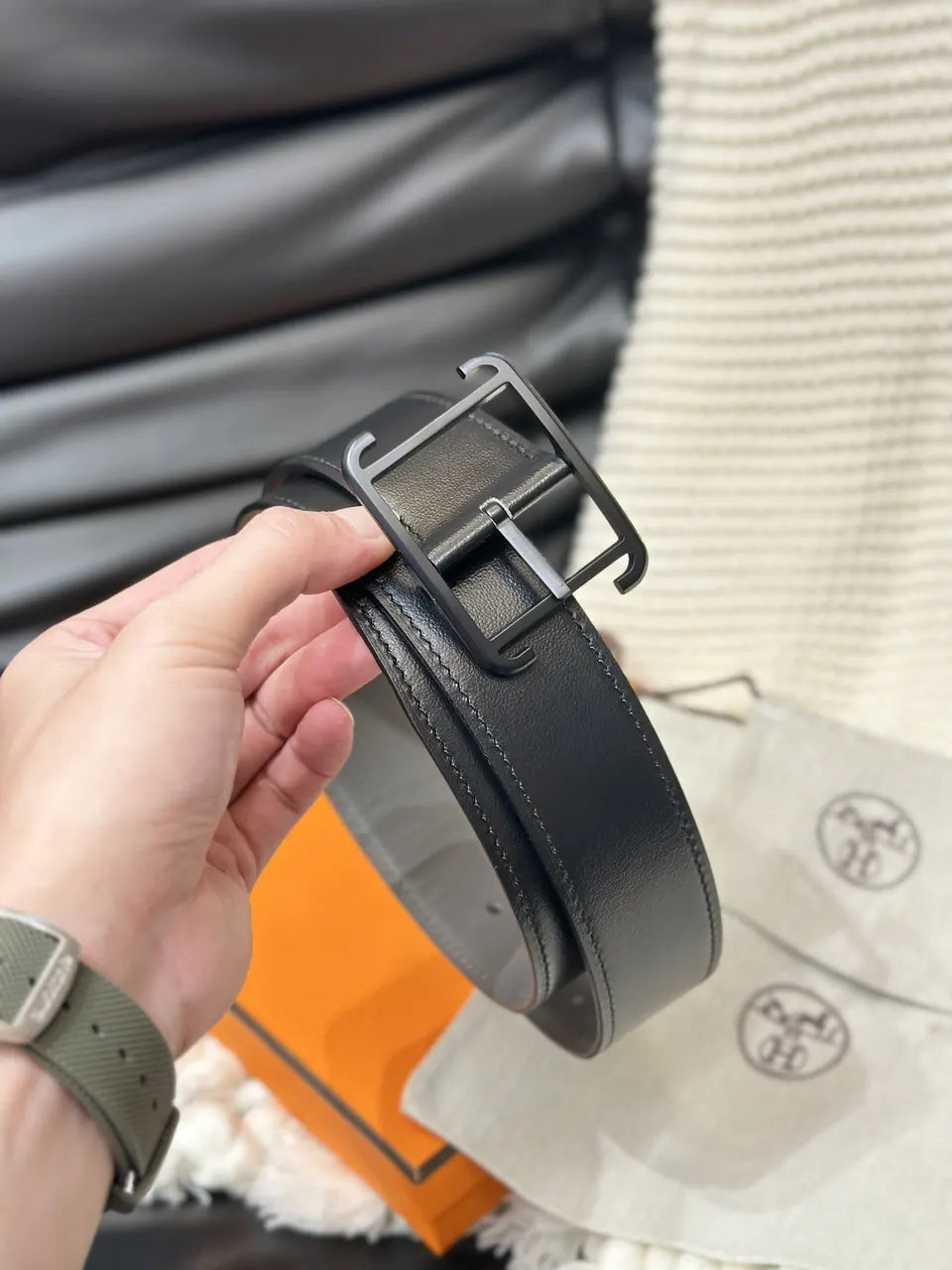 matte Hermes Etoupe Leather Belt - Hình 5