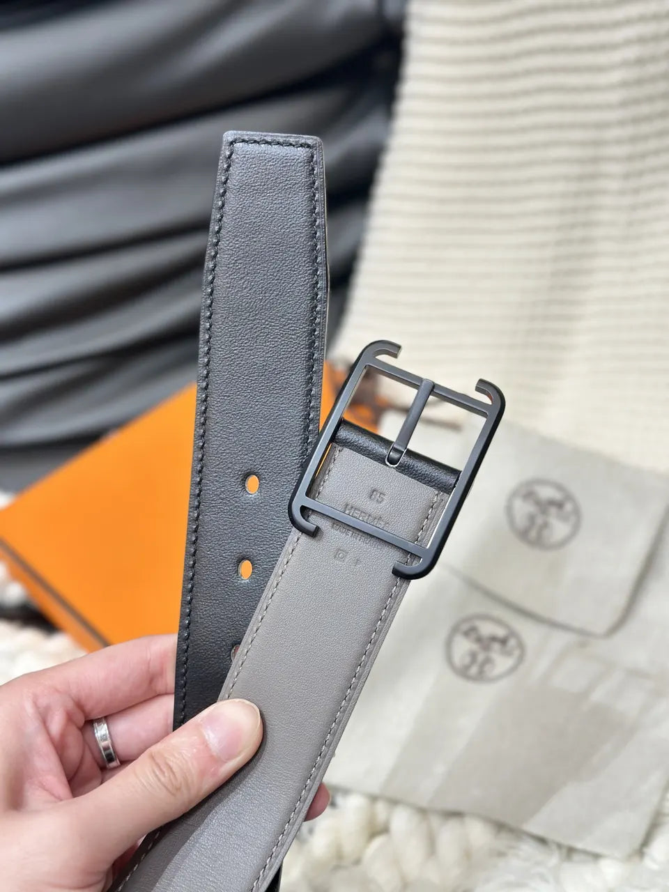 matte Hermes Etoupe Leather Belt - Hình 4
