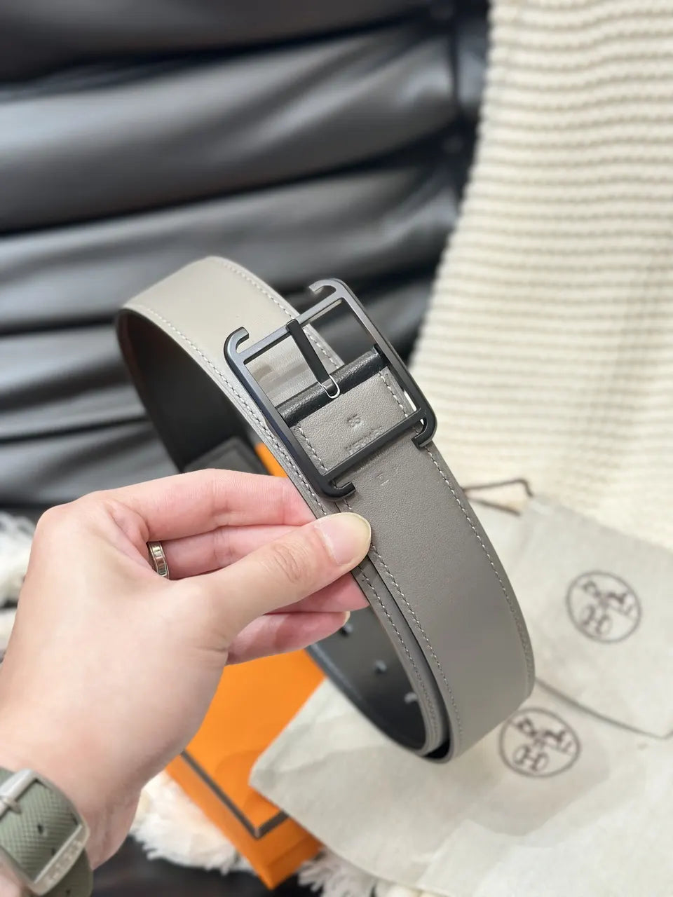matte Hermes Etoupe Leather Belt - Hình 3