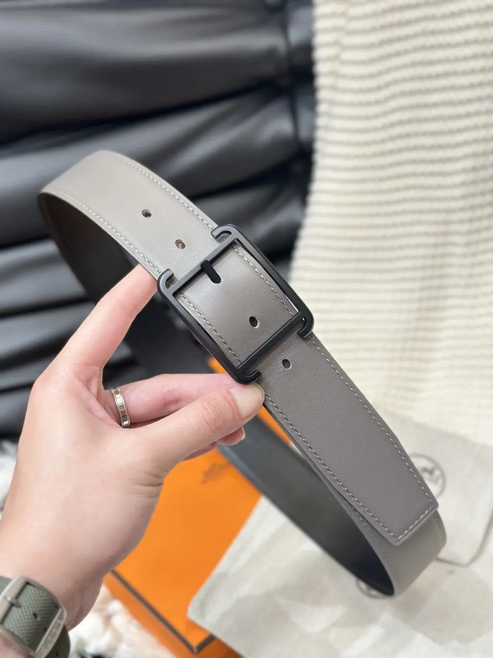 matte Hermes Etoupe Leather Belt - Hình 2