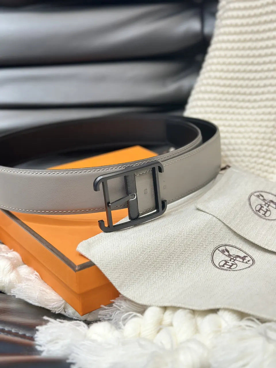 matte Hermes Etoupe Leather Belt