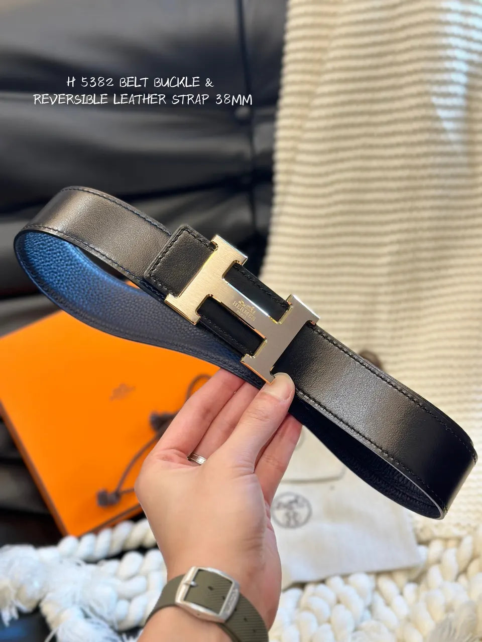leather Hermes Black Reversible Belt - Hình 4