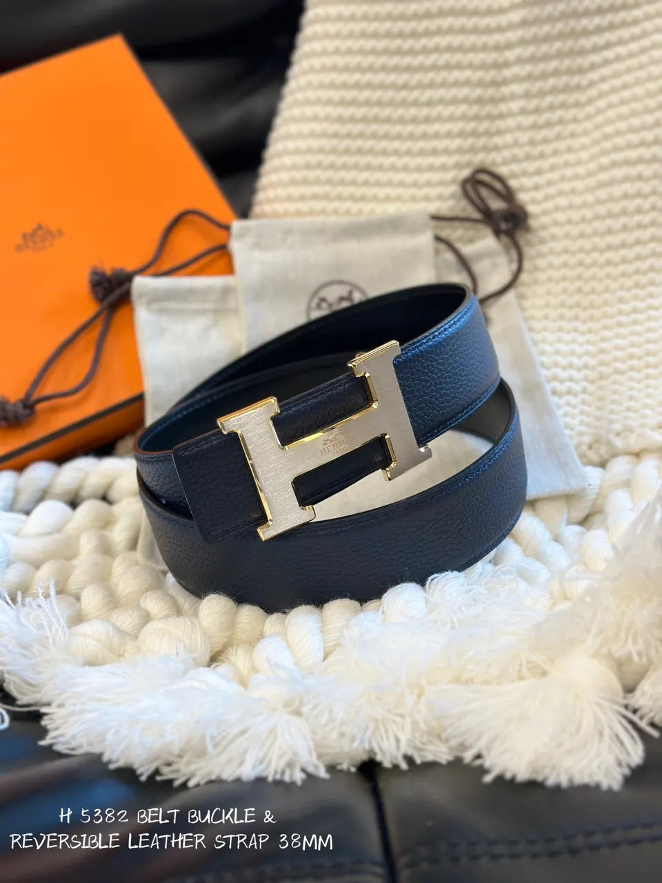 leather Hermes Black Reversible Belt - Hình 2