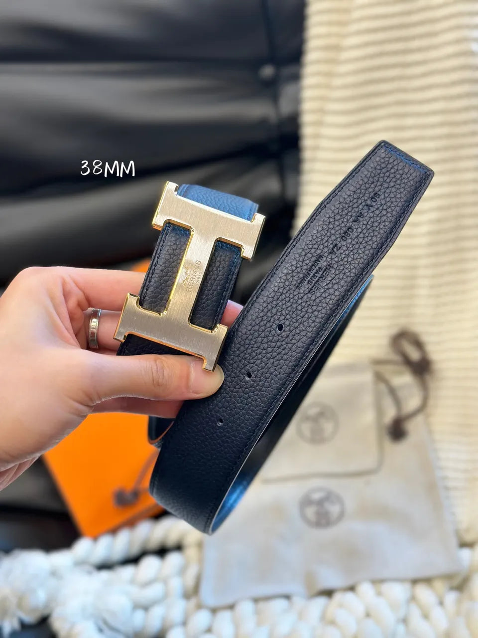 leather Hermes Black Reversible Belt - Hình 3