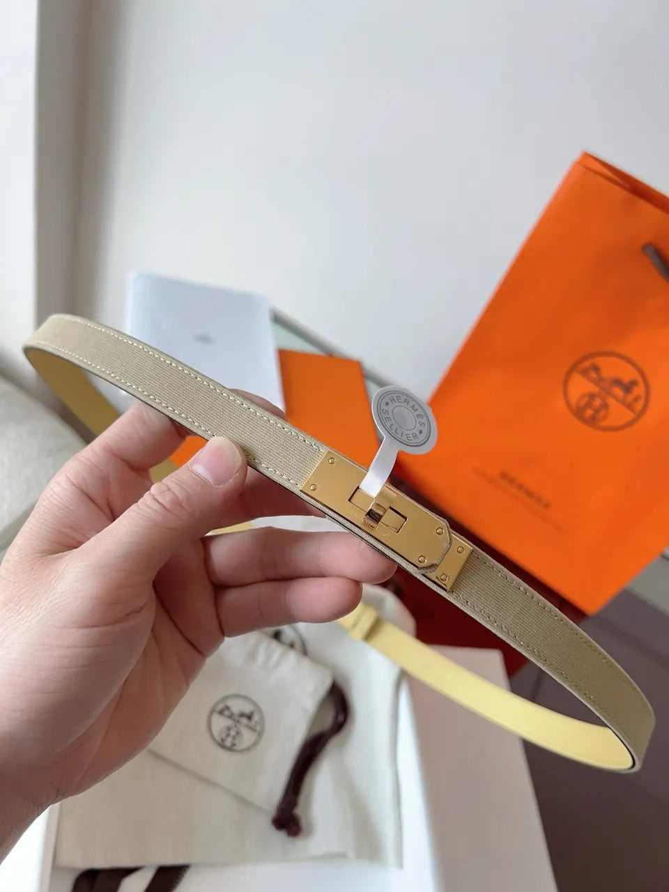 gold Hermes Beige Canvas Belt - Hình 2