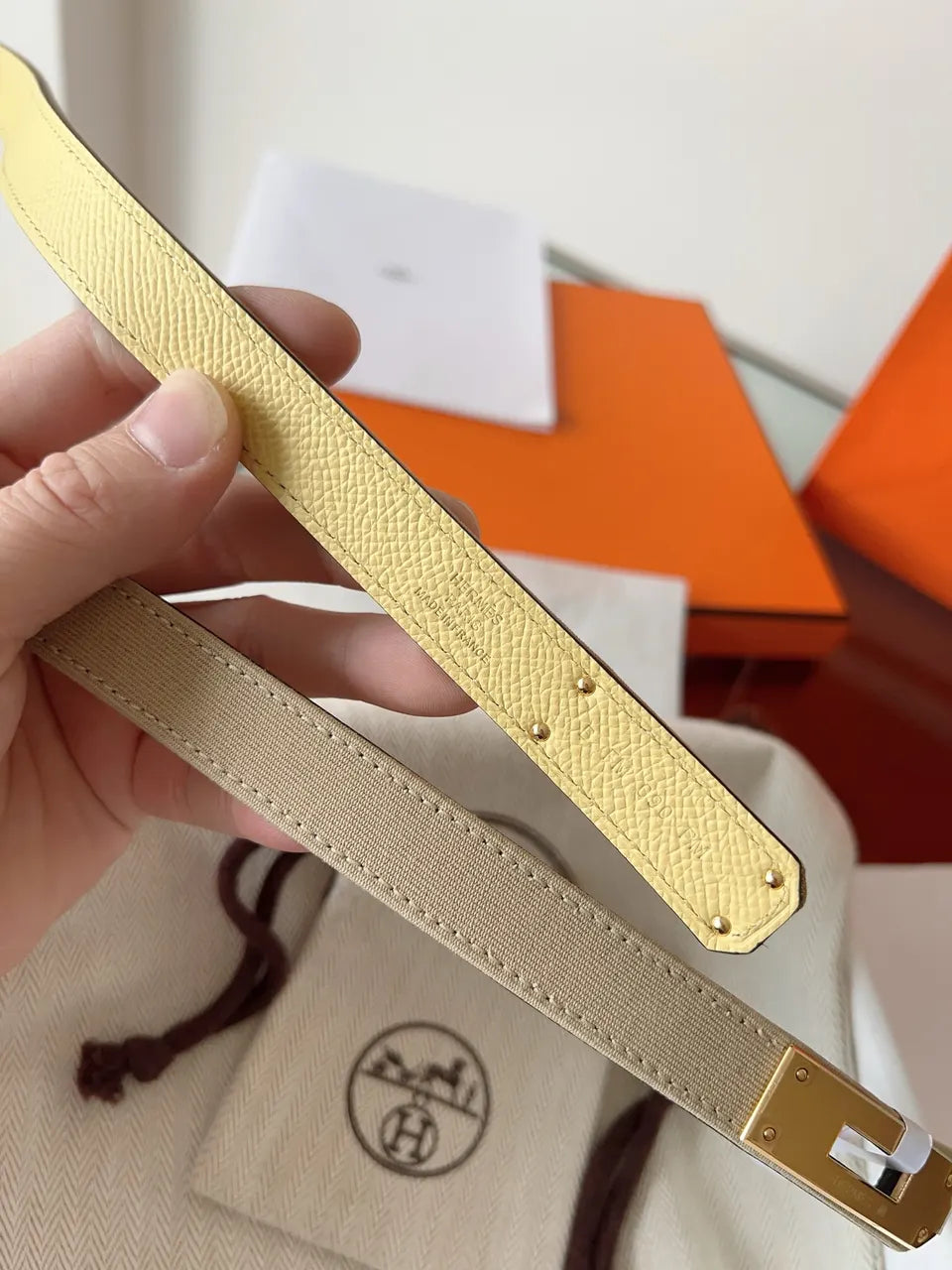 gold Hermes Beige Canvas Belt - Hình 7