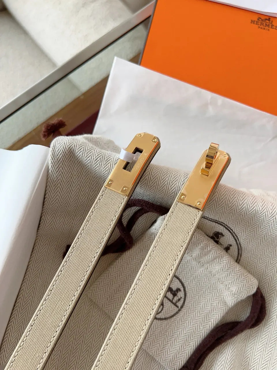gold Hermes Beige Canvas Belt - Hình 5