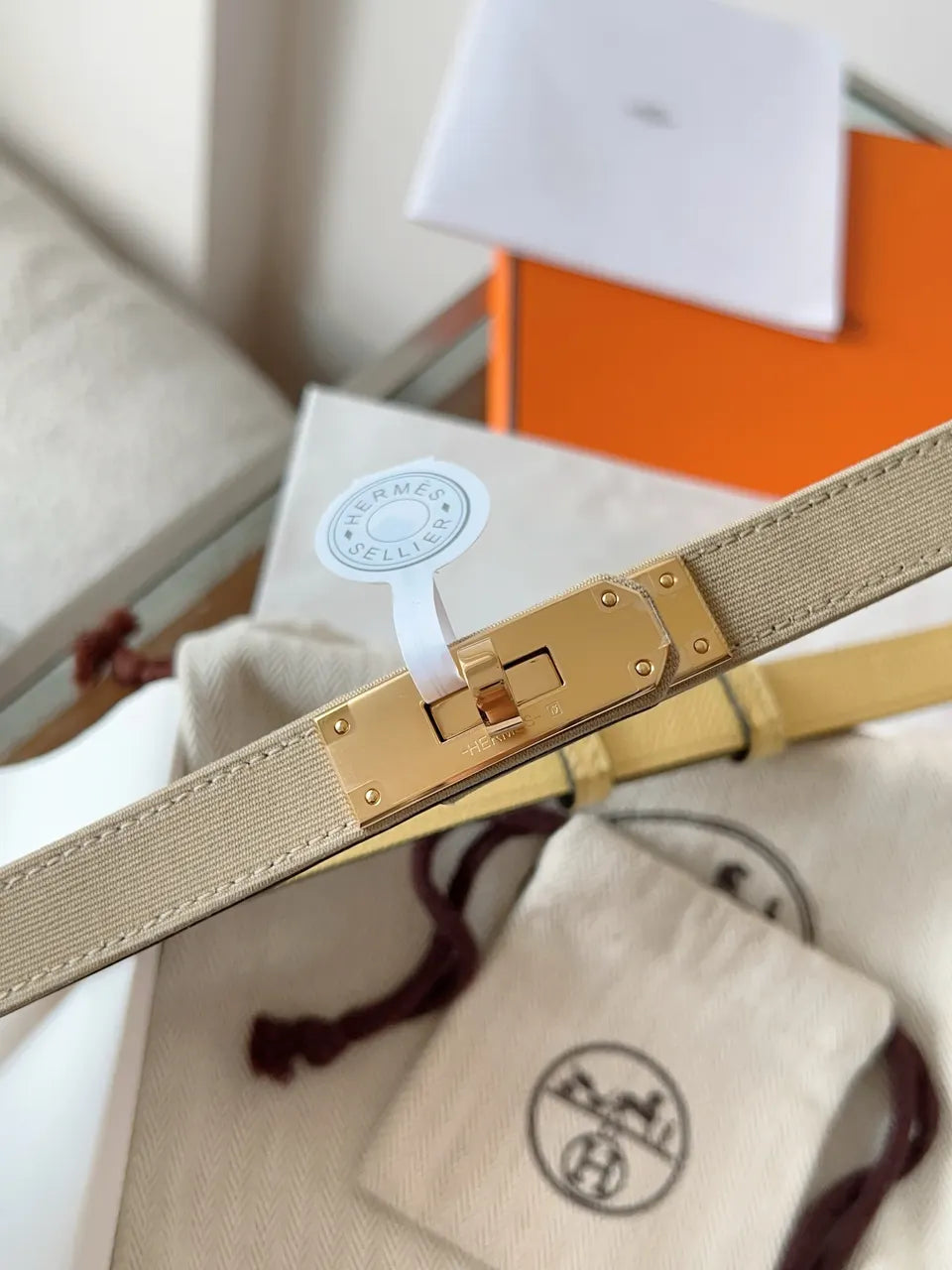 gold Hermes Beige Canvas Belt - Hình 3